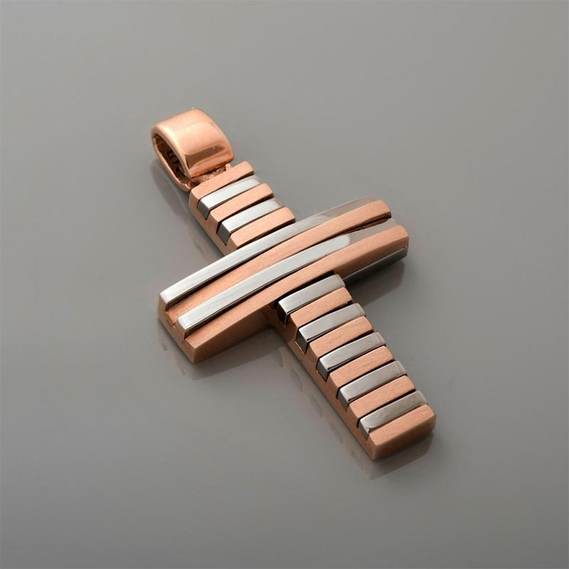 Childrens two-tone baptismal gold Cross for Boy decorated with matte pink gold and glossy black platinum from Valorο workshop.