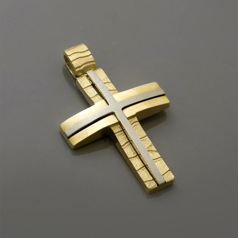 Childrens two-tone gold Cross for Boy K14 with special engraving processing and white matte platinum from the Valoro workshop.
