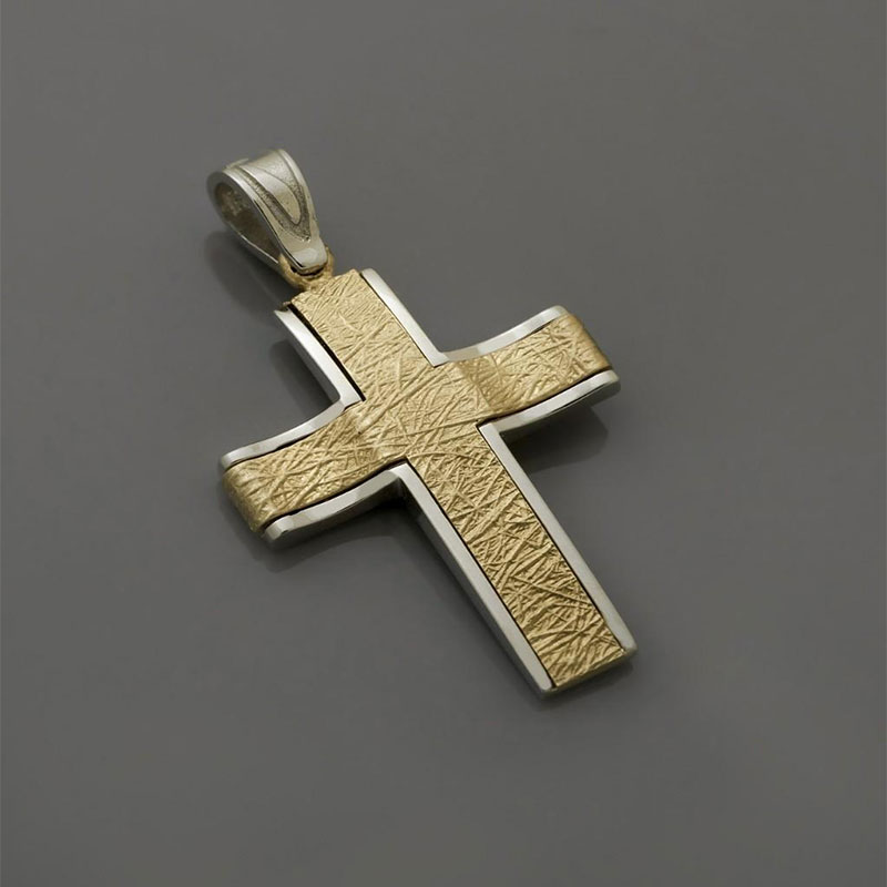 Childrens two-tone baptismal gold Cross for Boy K14 with special engraving processing from the Valoro workshop.