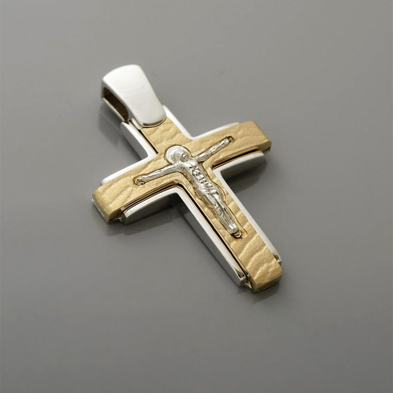 Childrens two-tone baptismal gold Cross with the crucified for Boy K14 with special engraving processing from the Valoro workshop.