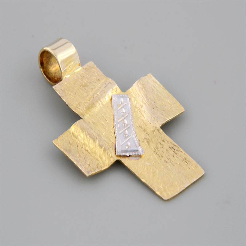 Womens handmade cross made of yellow gold K14 with special diamond treatment and white platinum detail.