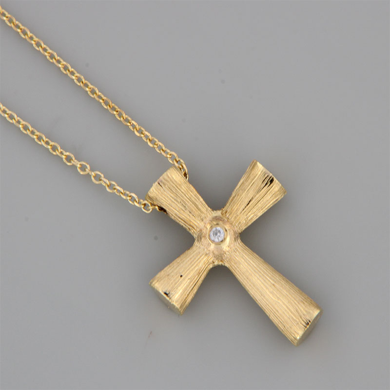 Womens handmade double-sided cross made of yellow gold with K14 chain decorated with white zircon.