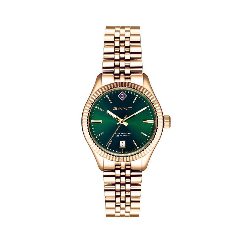 Womens watch Gant Sussex Gold with gold-plated metal safety bracelet and green dial.
