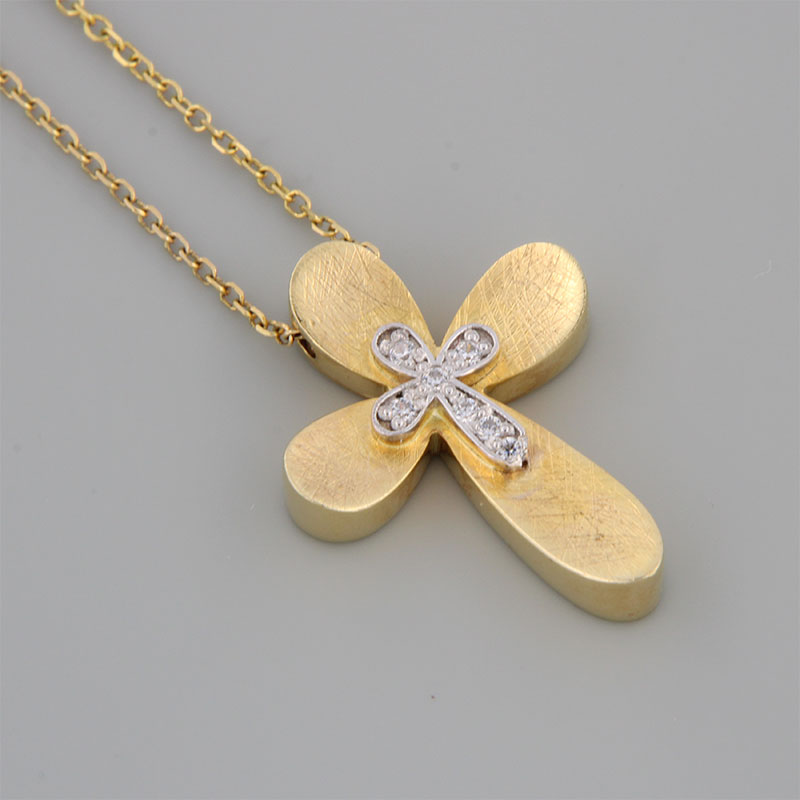 Womens handmade cross from yellow gold with K14 chain special diamond platinum treatment white platinum and white zircons.
