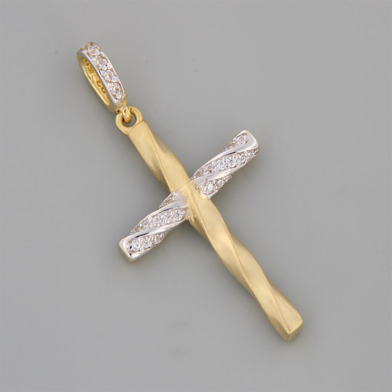 Womens handmade cross made of yellow gold K14 with special sandblasting treatment of white platinum decorated with white zircons.