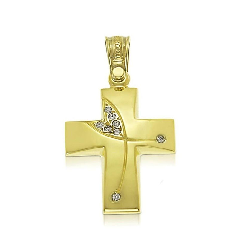 Childrens golden baptismal cross K14 decorated with white zircons by TRIANTOS workshop.