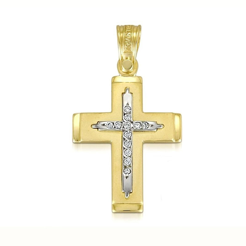 Childrens two-tone baptismal cross K14 with special sandblasting treatment decorated with white zircons from the TRIANTOS workshop.