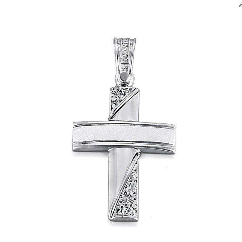 Childrens white gold baptismal cross K14 in polished and matte surface decorated with white zircons from the TRIANTOS workshop.