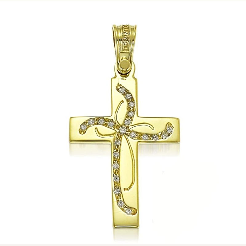Childrens golden baptismal cross K14 with special engraving treatment decorated with white zircons from the TRIANTOS workshop.