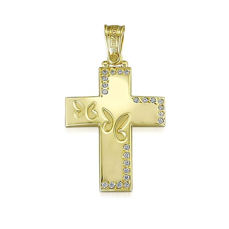 Childrens golden baptismal cross K14 with engraved butterflies decorated with white zircons from the TRIANTOS workshop.