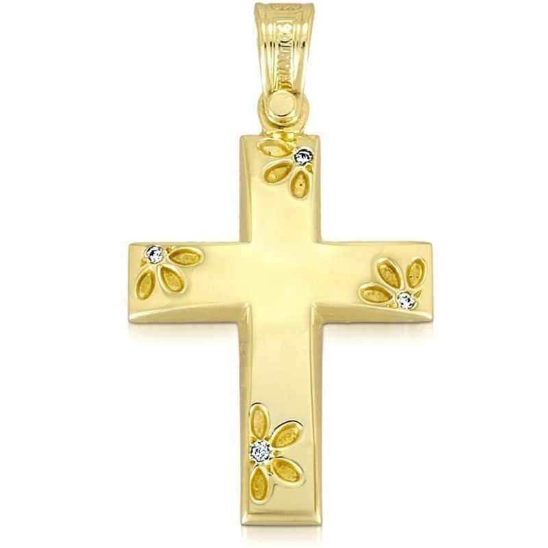 Childrens golden baptismal cross K14 with engraved flowers decorated with white zircons from the TRIANTOS workshop.