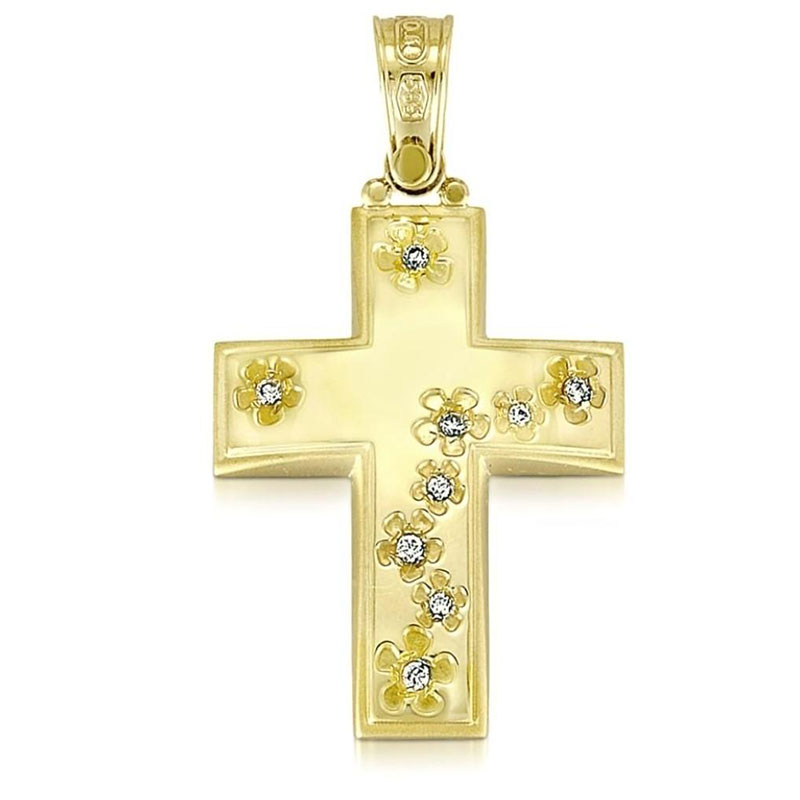 Childrens golden baptismal cross K14 with engraved flowers decorated with white zircons from the TRIANTOS workshop.