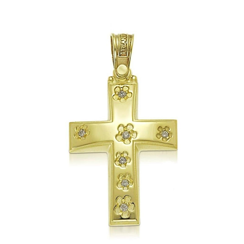 Childrens golden baptismal cross K14 with engraved flowers decorated with white zircons from the TRIANTOS workshop.