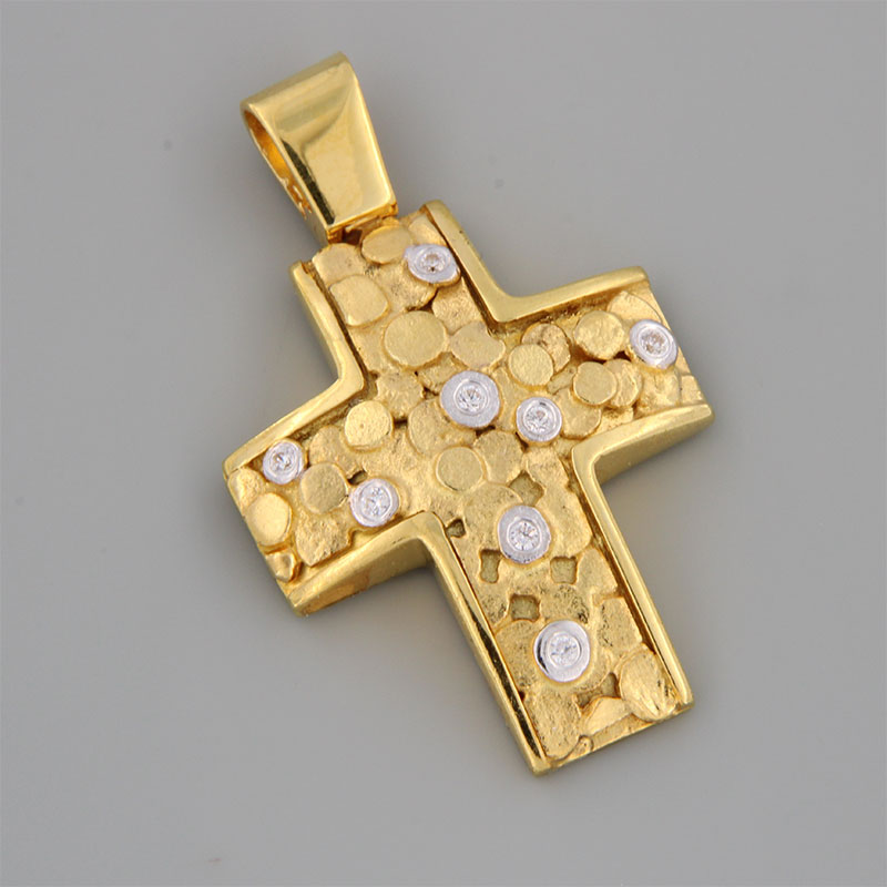 Womens handmade cross made of yellow gold K14 with chain K14 special sandblasting treatment with white platinum and white zircons.