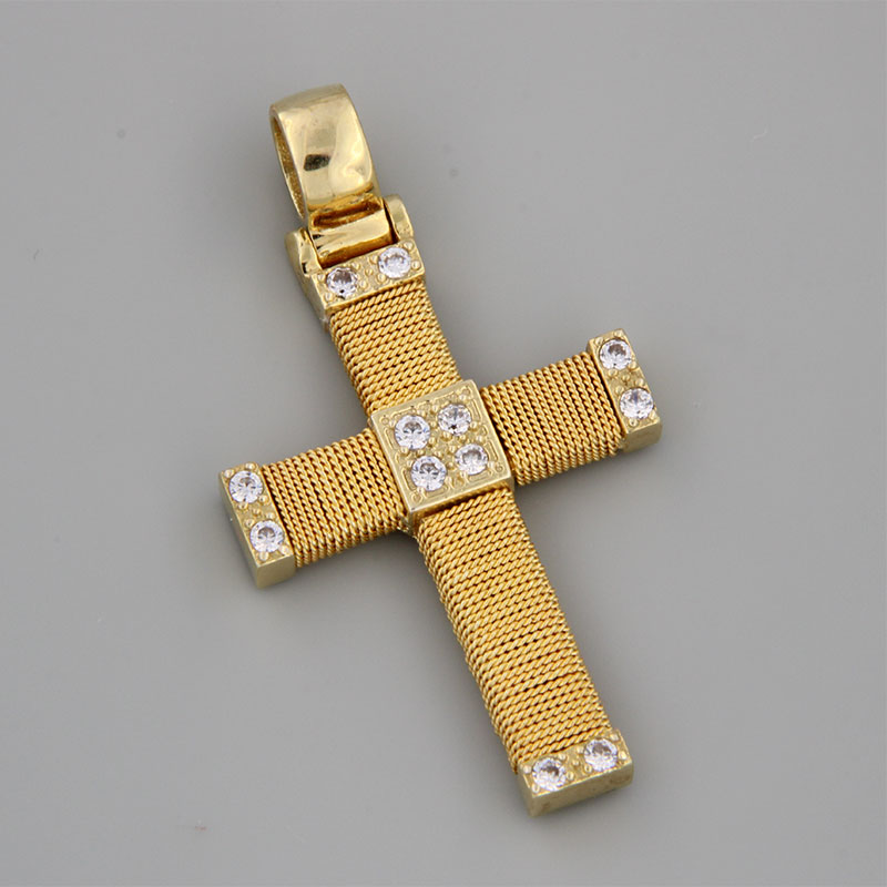 Womens handmade cross from yellow gold K14 with twisted wires decorated with white zircons.