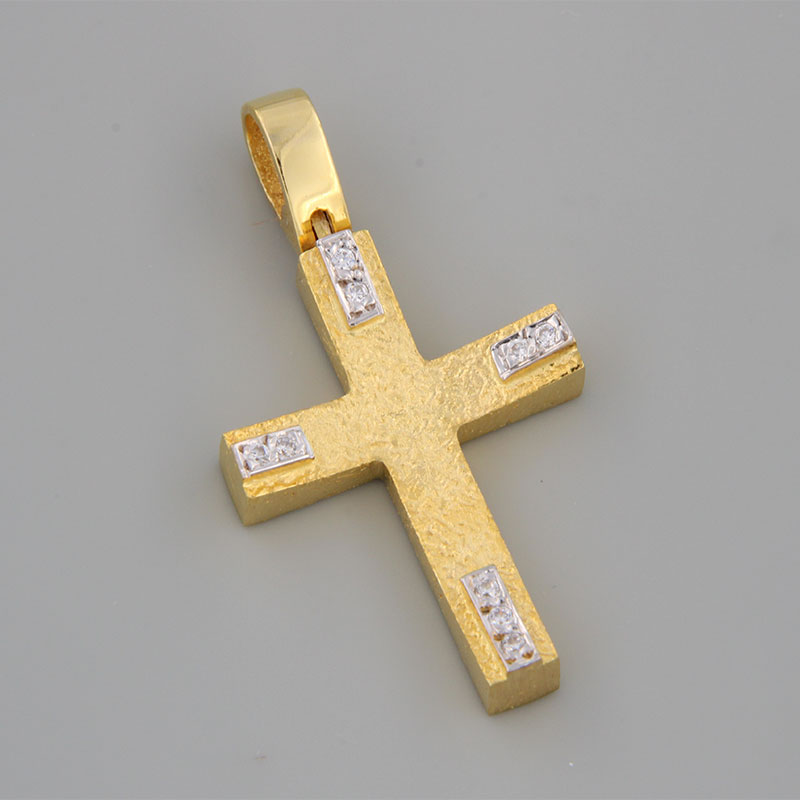 Γυναικείος χειροποίητος σταυρός από κίτρινο χρυσό Κ14 με ειδική επεξεργασία σφυρηλάτησης λευκή πλατίνα και λευκά ζιργκόν.  