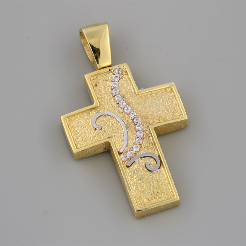 Womens handmade cross made of yellow gold K14 with special diamond treatment and white platinum with white zircons.