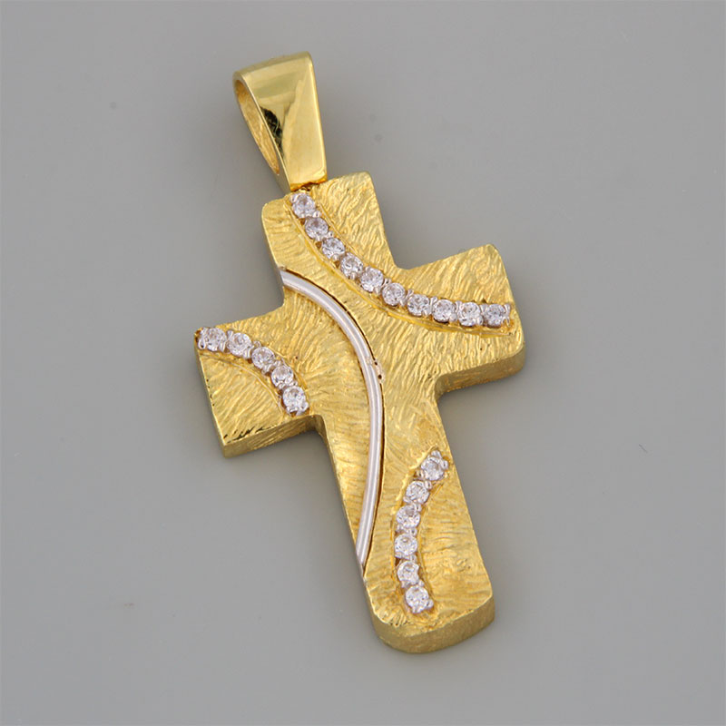 Γυναικείος χειροποίητος σταυρός από κίτρινο χρυσό Κ14 με ειδική επεξεργασία χαρακτικής και λευκή πλατίνα με λευκά ζιργκόν.