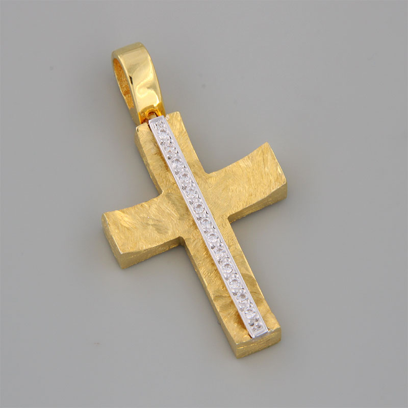 Womens handmade cross made of yellow gold K14 with special engraving treatment decorated with white zircons.