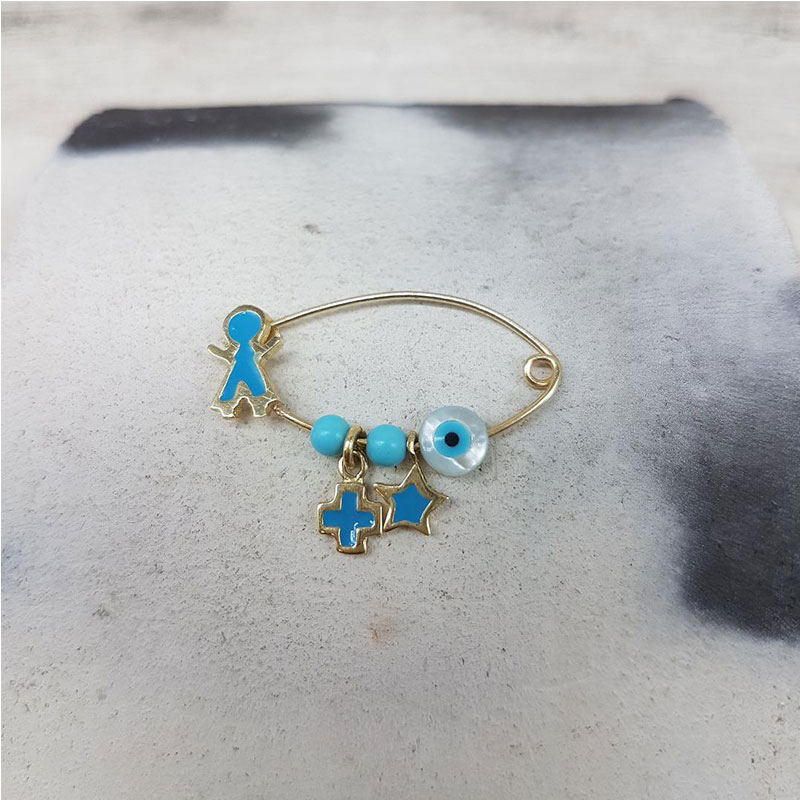 K14 baby gold nanny decorated with baby boy, cross, star and natural blue turquoise and mother of pearl eye.