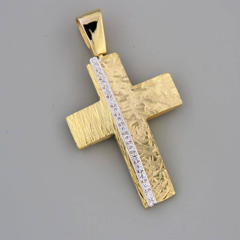 Womens handmade cross made of yellow gold K14 in a special engraving treatment with white details and white zircons.