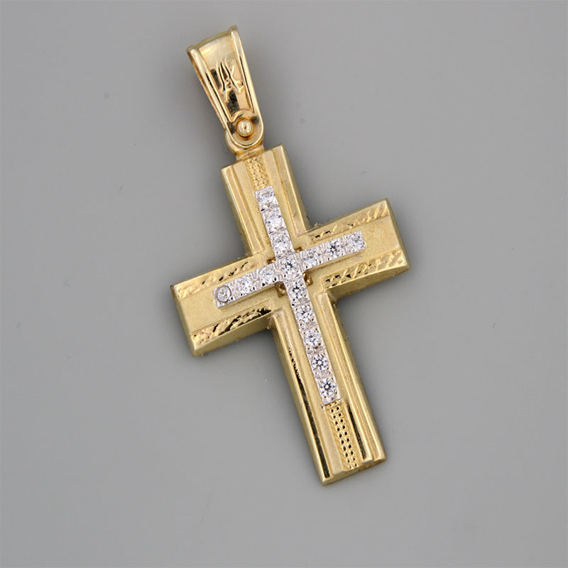 Womens cross made of yellow gold K14 with special sandblasting treatment decorated with white zircons.
