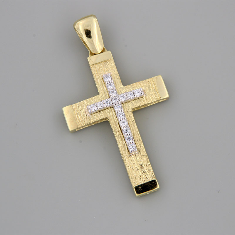 Womens handmade cross made of yellow gold K14 with special engraving processing decorated with white zircons.