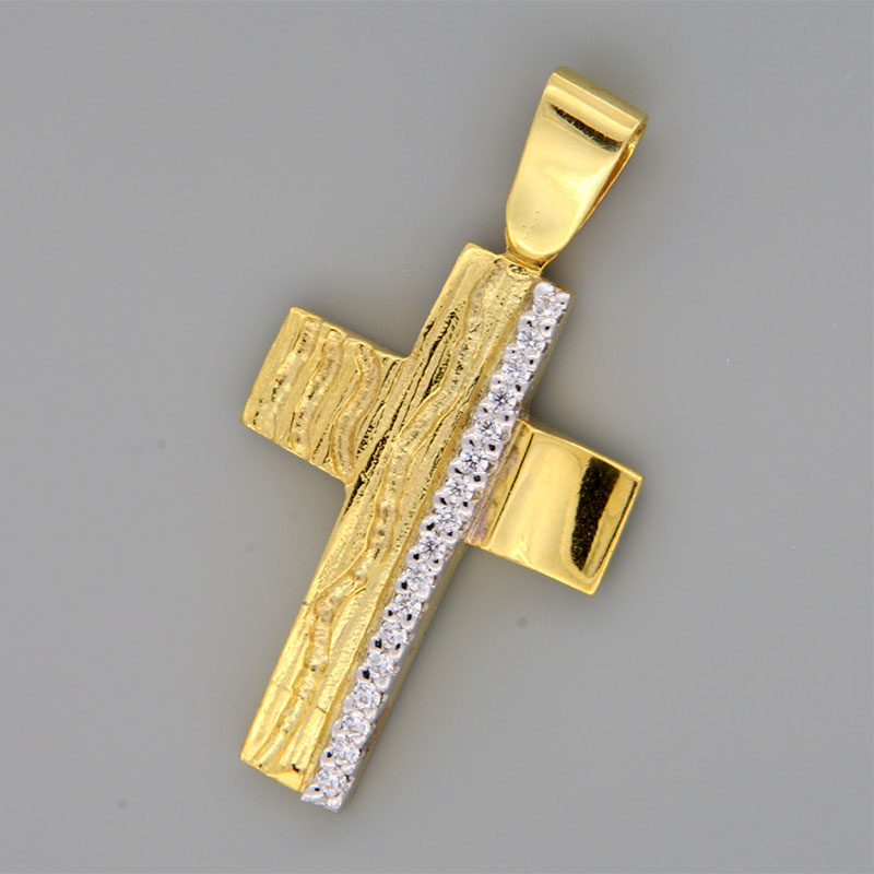 Womens handmade cross from yellow gold K14 with white platinum decorated with white zircons.