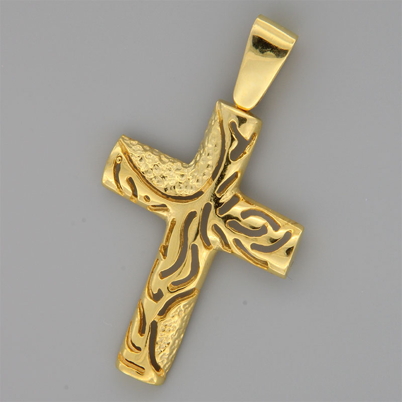 Womens handmade perforated cross made of yellow gold K14 with special forging treatment.