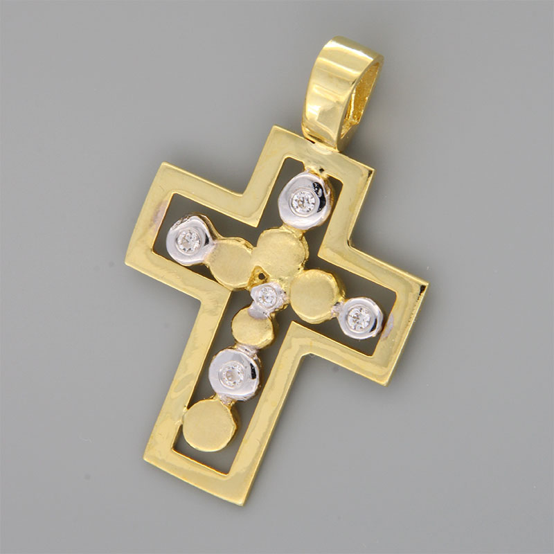 Womens handmade cross made of yellow gold K14 and white platinum details decorated with white zircons.