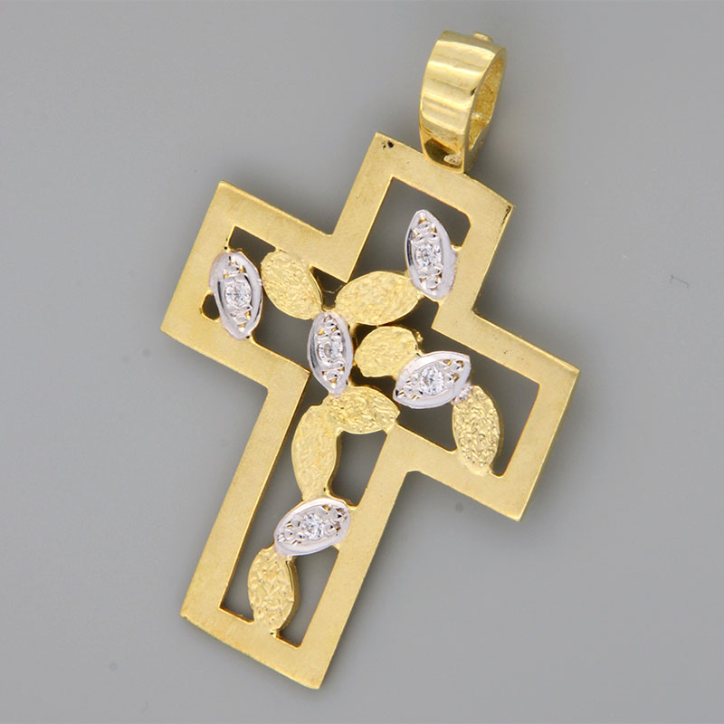 Womens handmade cross made of yellow gold K14 decorated with special engraving processing and white zircons..