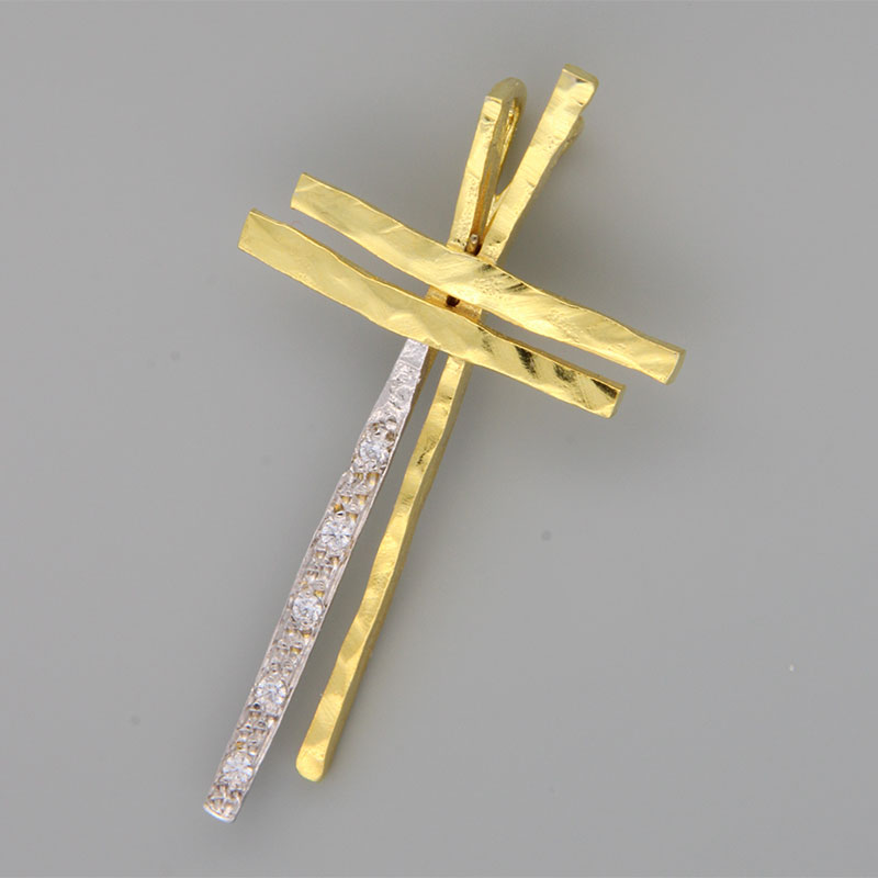 Womens handmade forged Cross made of yellow gold K14 with white platinum details and white zircons.