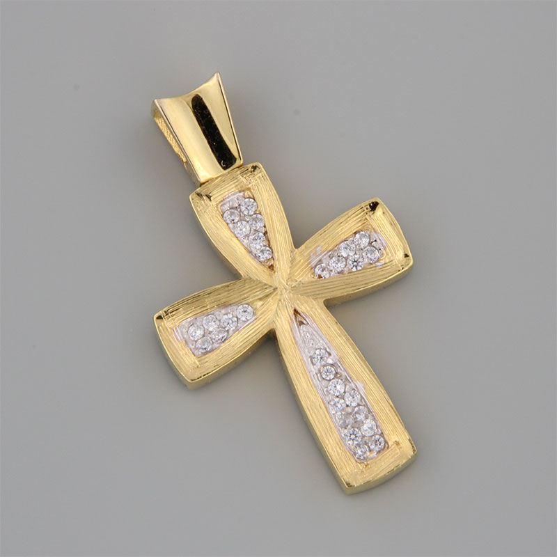 Womens handmade gold Cross K14 with special engraving treatment decorated with white zircons.