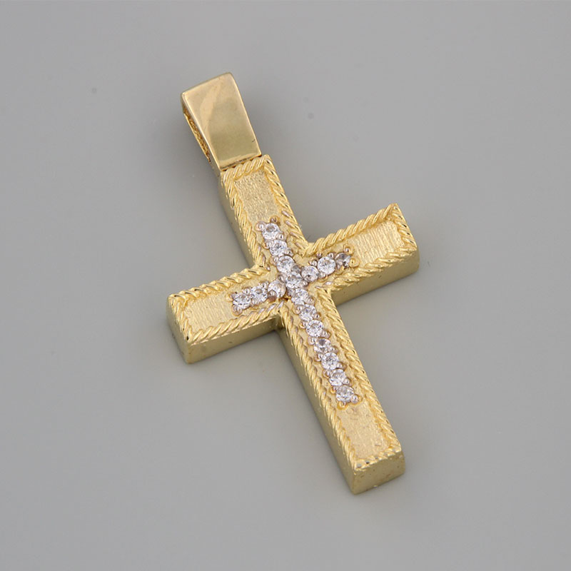 Womens handmade gold Cross K14 with special diamond treatment decorated with white zircons.