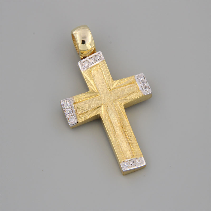Womens handmade gold Cross K14 with special engraving processing details of white platinum and white zircons.