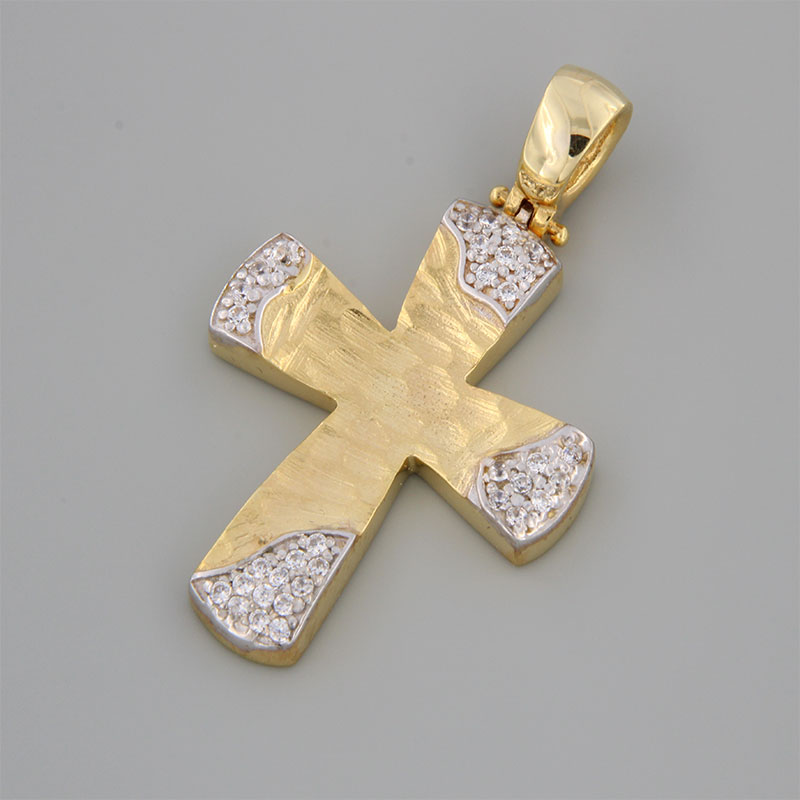 Womens handmade gold Cross K14 with special forging treatment details of white platinum and white zircons.