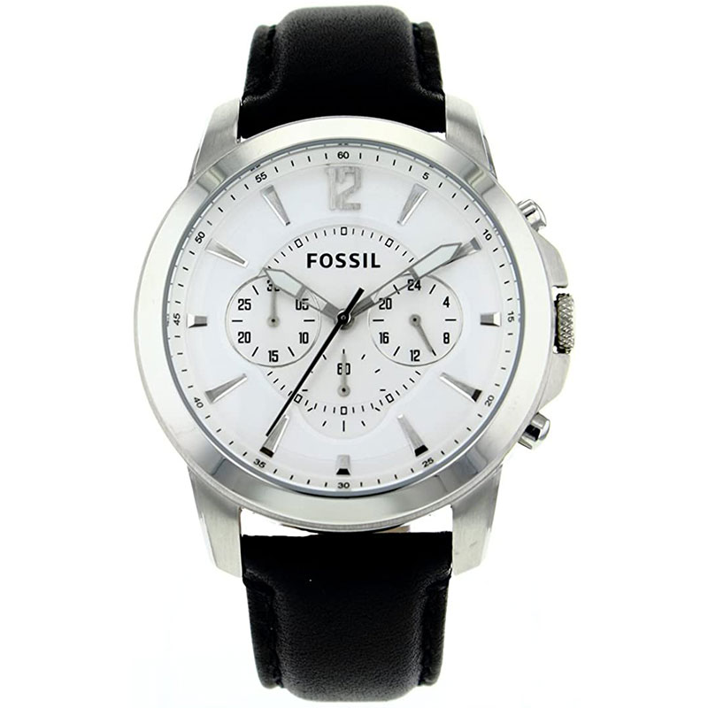 Ανδρικό ρολόι χρονογράφος Fossil από ανοξείδωτο ατσάλι με λευκό καντράν και μαύρο δερμάτινο λουράκι FS4647.