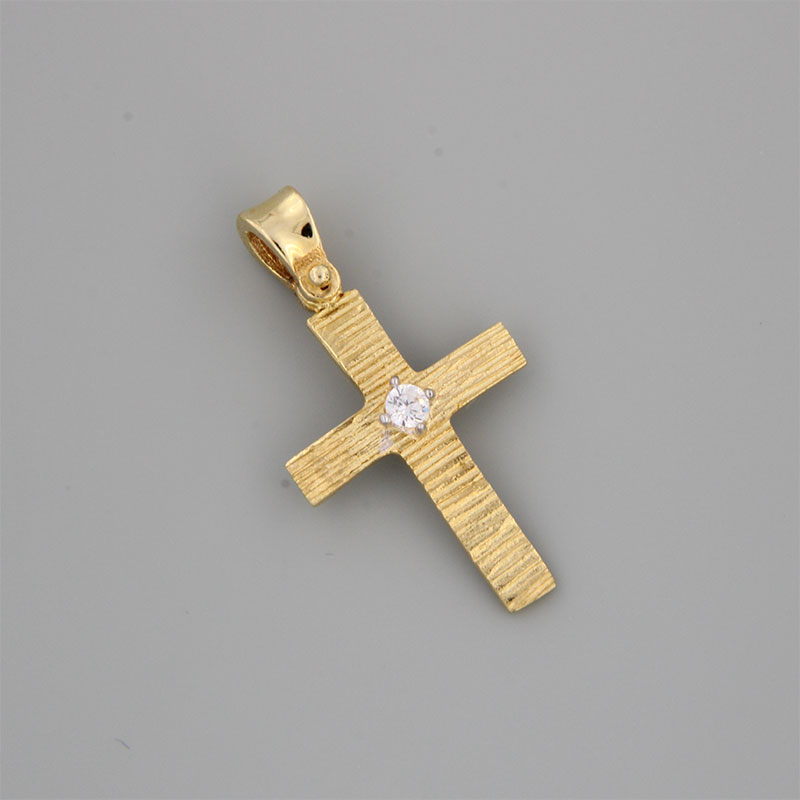 Womens handmade gold small Cross K14 forged with special diamond treatment decorated with white zircon.