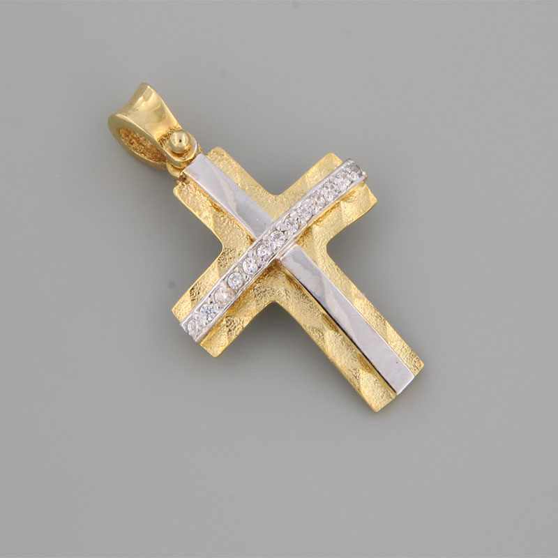 Womens handmade forged bicolor small Cross K14 decorated with white zircons.