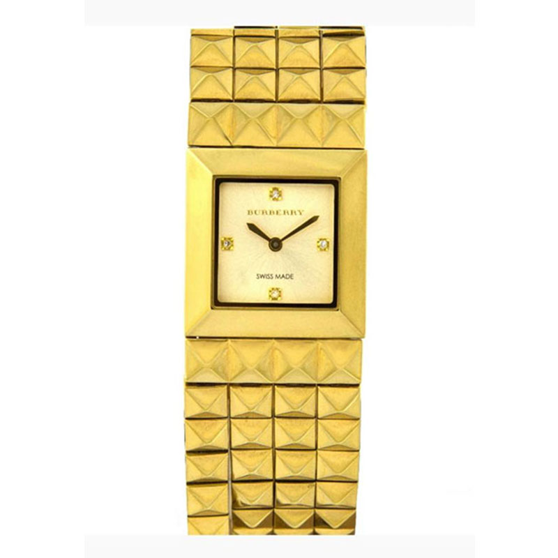 BURBERRY womens watch with safety bracelet made of gold stainless steel with special champagne dial and four diamonds BU5351.