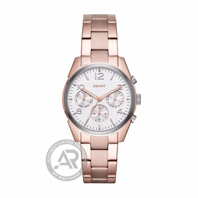 DKNY womens watch from the Crosby series with chronograph and steel safety bracelet with pink gold plating NY2472.