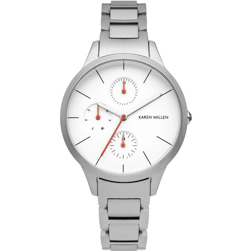 Karen Millen stainless steel womens watch with white dial and matte bracelet KM144SM.