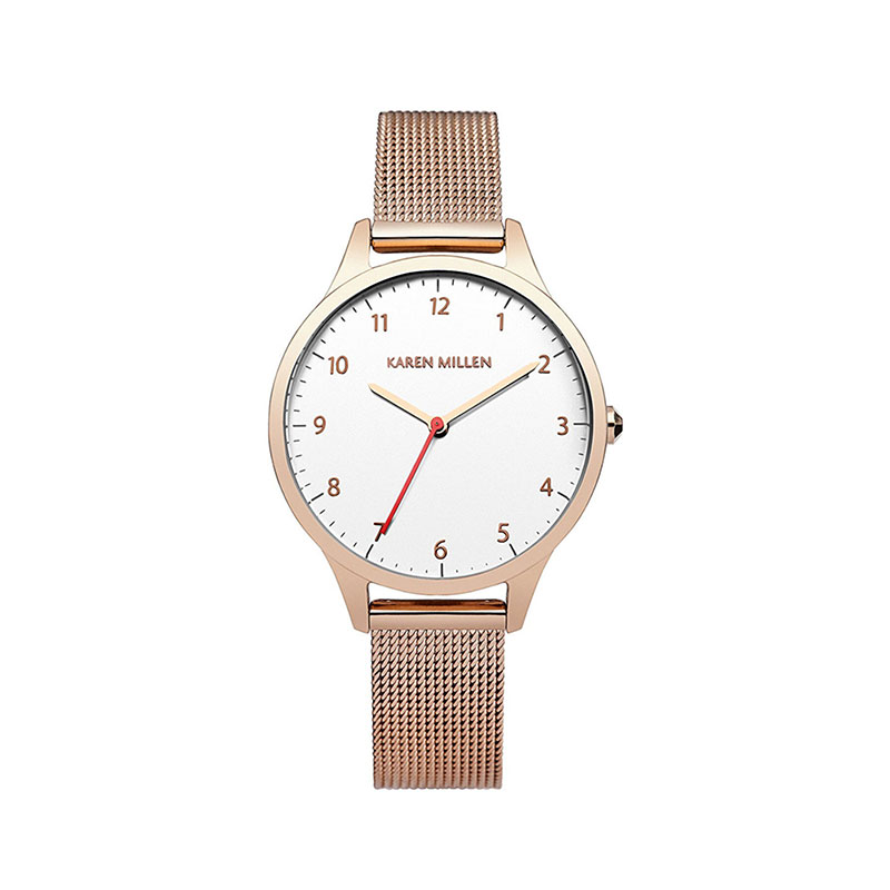 KAREN MILLEN womens watch with knitted pink steel bracelet and white dial KM118RGMA.