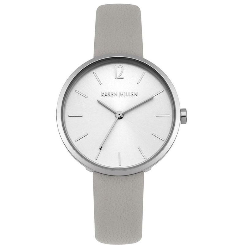 KAREN MILLEN womens watch with silver stainless steel and gray leather strap KM156S.