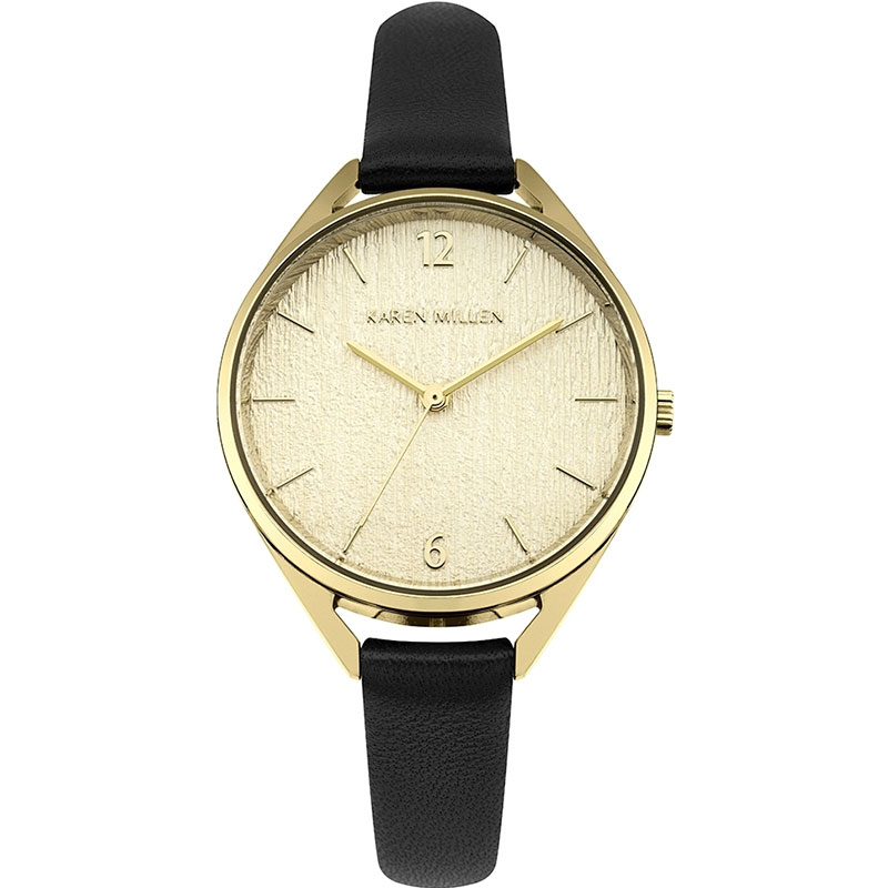 KAREN MILLEN womens watch with gold stainless steel and black leather strap KM162B.