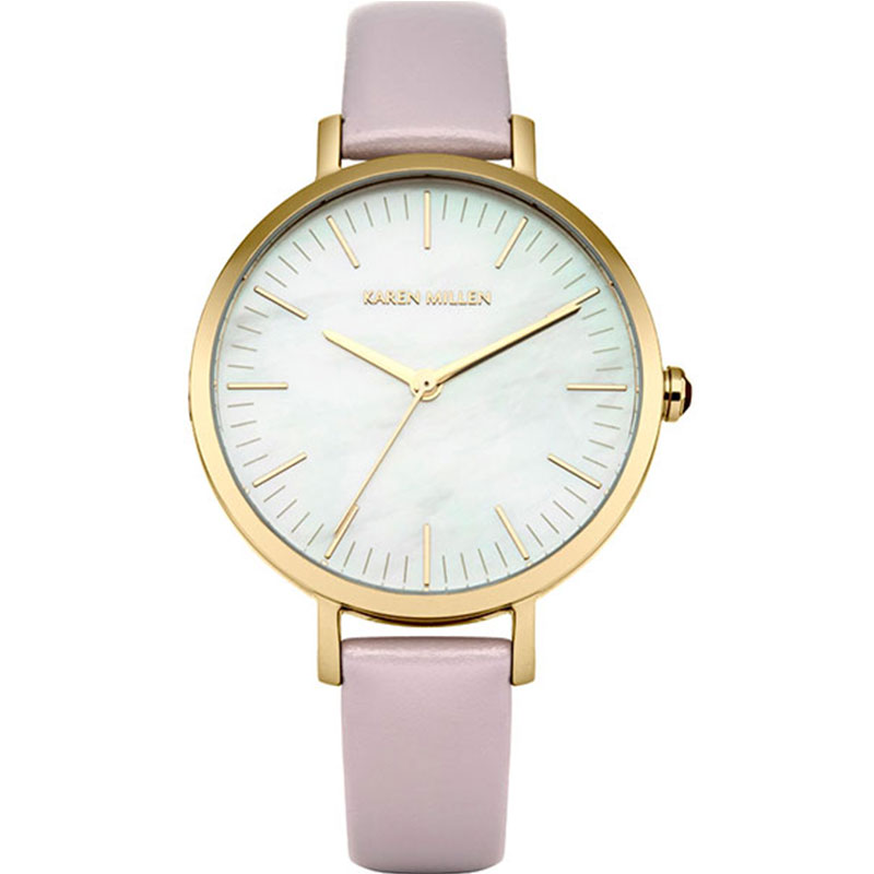 Γυναικείο ρολόι KAREN MILLEN με χρυσή ατσάλινη κάσα ιδιαίτερο λευκό καντράν και μωβ (λιλά) δερμάτινο λουράκι KM126VG.