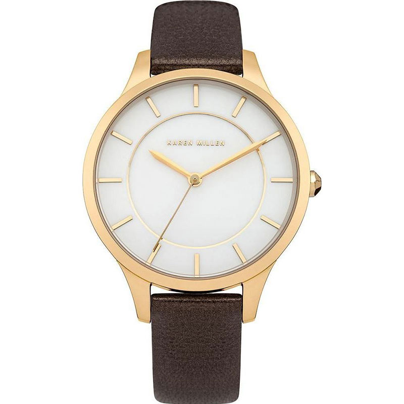 KAREN MILLEN womens watch with gold stainless steel and brown leather strap KM133TGA.