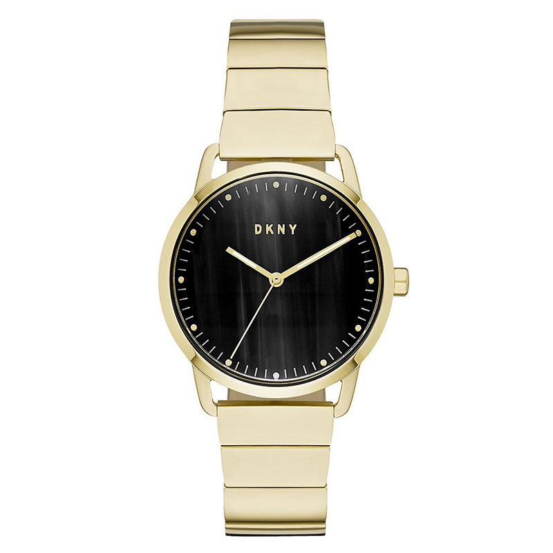 DKNY Greenpoint womens watch with gold bracelet and black dial NY2756.