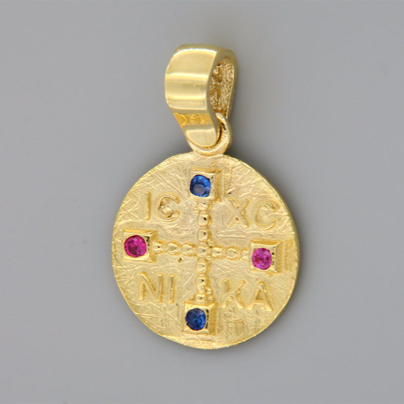 Gold handmade Constantine double sided for Girl K9 decorated with red rubies and blue sapphires.