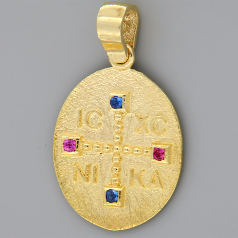 Gold handmade Constantine double sided for Girl K9 decorated with red rubies and blue sapphires.